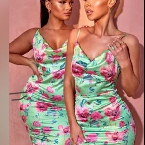 PrettyLittleThing Green Floral Print Satin Cowl Neck Maxi Dress